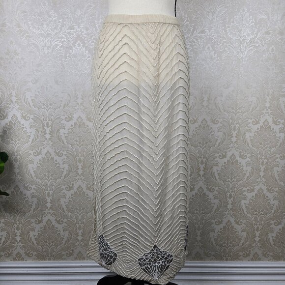 Jewel Queen Sz Med Beaded Sequin Evening Skirt Cream Silver Seashell Pearls Silk - Picture 1 of 13
